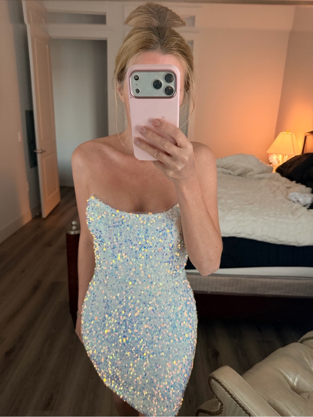 Banjul Iridescent Sequin Strapless Mini Dress in White